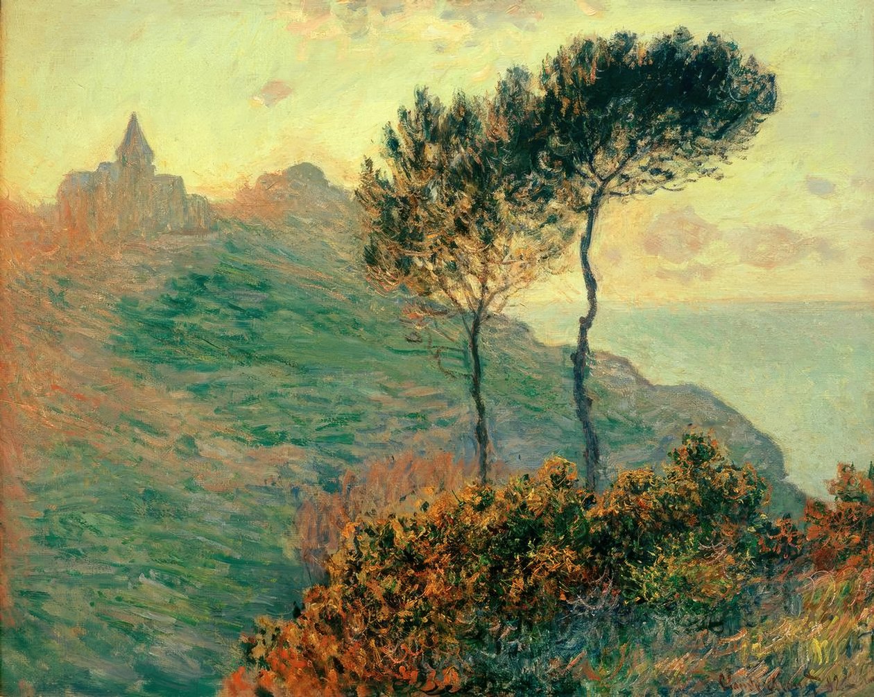 Kirken i Varengeville mot lyset (Die Kirche von Varen av Claude Monet