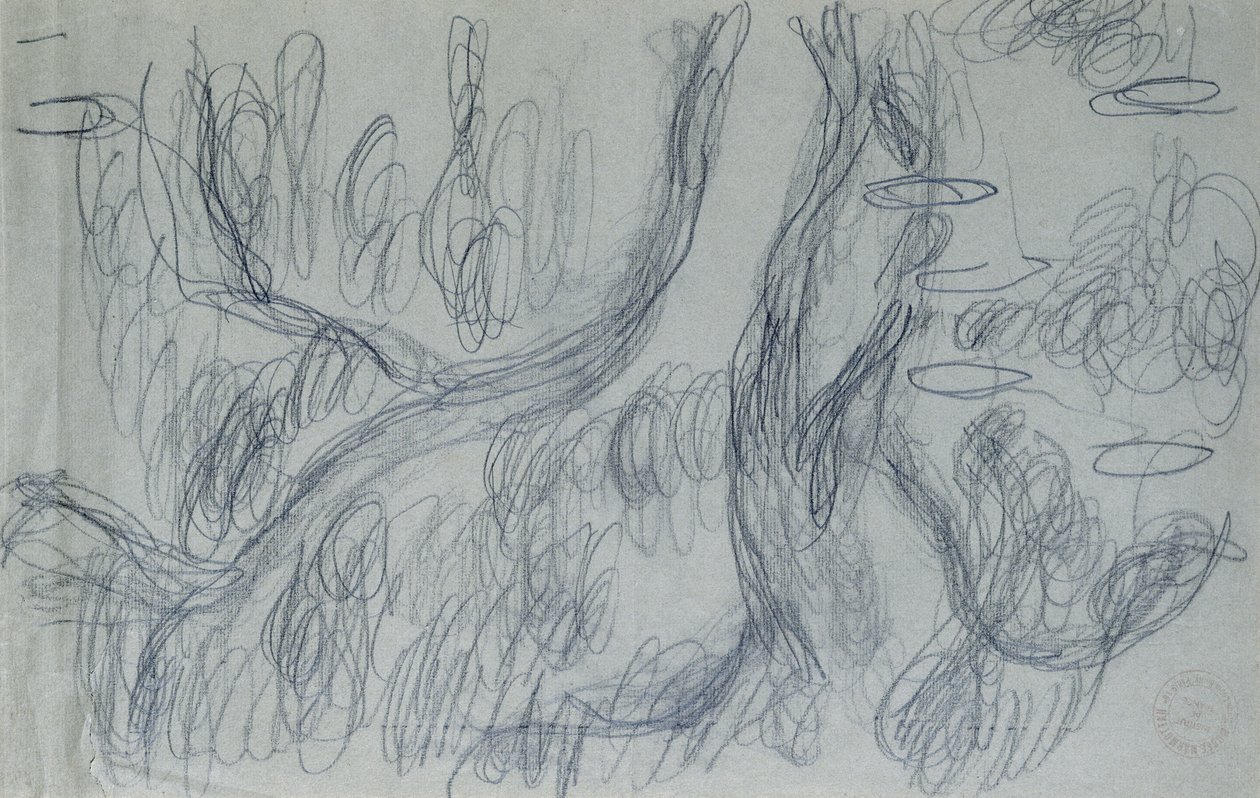 Reflections of Willows, ca. 1918 (svart fargestift på blågrått papir) av Claude Monet