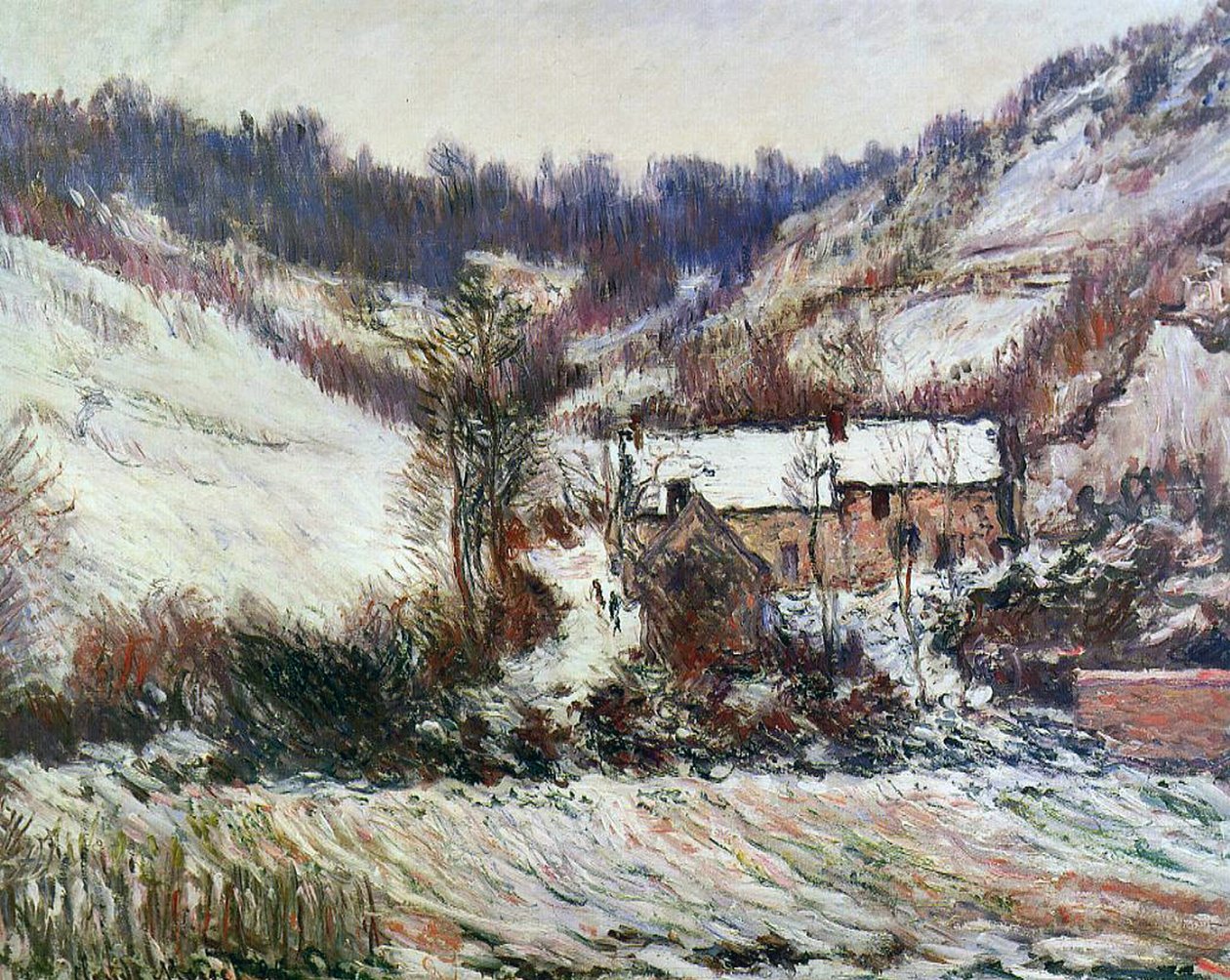 Snø nær Falaise, Normandie, ca. 1885-86 av Claude Monet