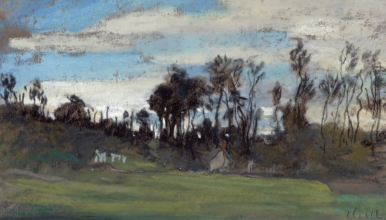 Engen kantet med trær (pastell og gouache) av Claude Monet