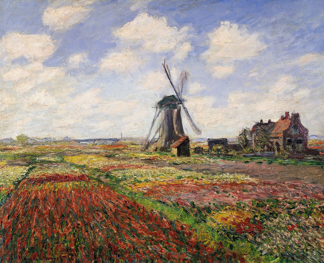 Tulipanmarker med Rijnsburg vindmølle, 1886 av Claude Monet