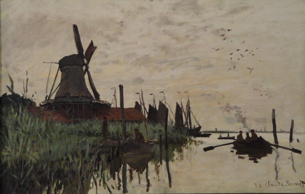 Vindmølle og båter nær Zaandam, Holland av Claude Monet