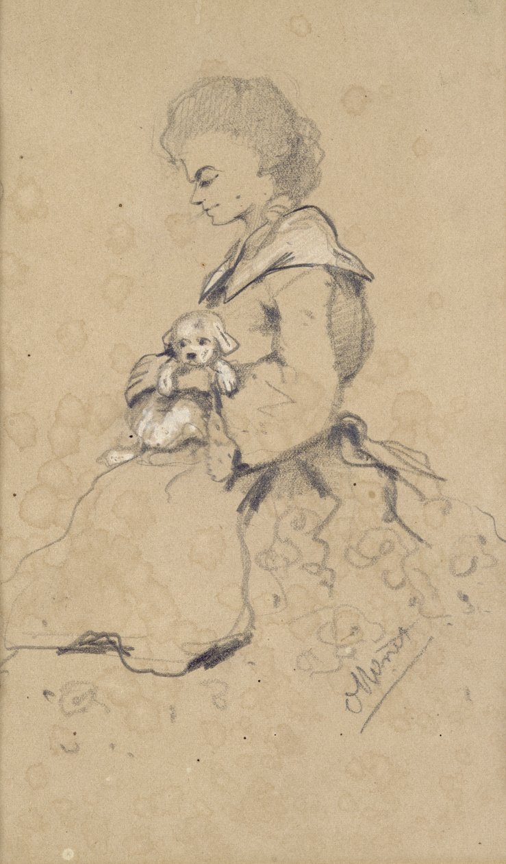 Kvinner som holder en liten hund, 1857 (svart og hvitt kritt på papir) av Claude Monet