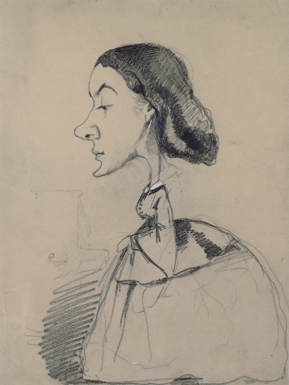 Young Woman at the Piano, 1855-60 (svart fargestift forsterket med hvit pastell på papir) av Claude Monet