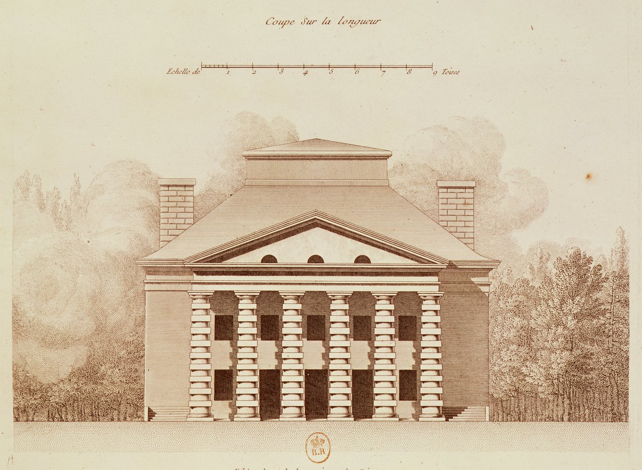 Forhøyning av huset til direktøren for saltverket i den 'ideelle byen' Chaux, gravert av Louis Sellier (f.1757) av Claude Nicolas Ledoux