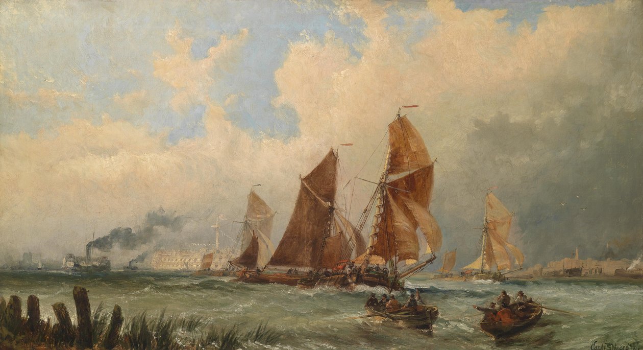 Skip ved Portsmouth Harbour av Claude T. Stanfield Moore