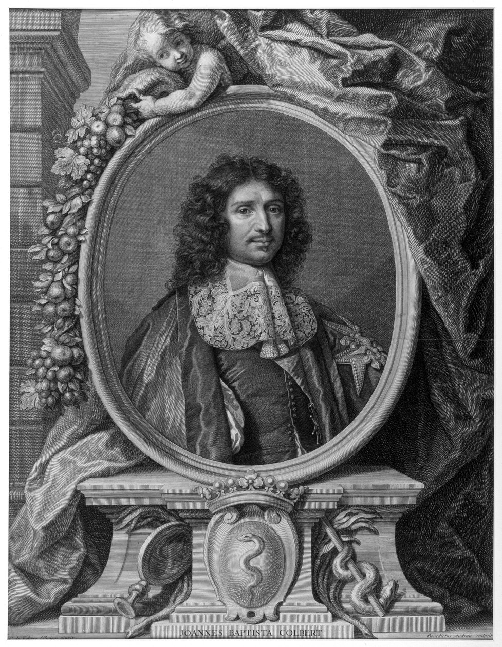 Portrett av Jean Baptiste (Jean-Baptiste) Colbert (1619-1683) av Benoît I Audran etter Claude Lefebvre, gravering 1709. av Claude (after) Lefebvre