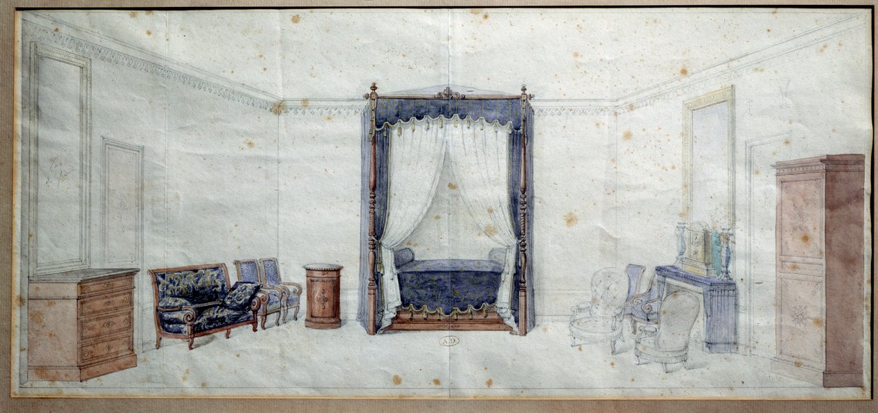 Soverom (med kommode, kanapé, lenestol og himmelseng). Akvarell av Claude Aime Chenavard (1798-1838) av Claude Amie Chenavard
