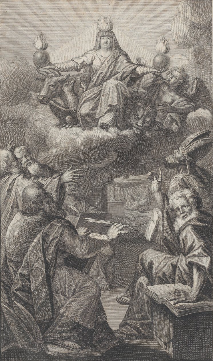 Allegorisk skikkelse dukket opp på skyene over hodet mens en gruppe menn samlet under ser ut..., 1728. av Claude Augustin Duflos