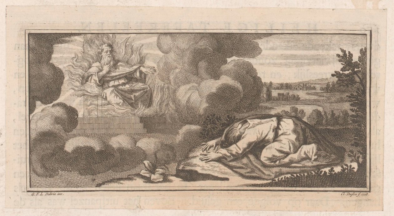 Allegorisk eller bibelsk fremstilling med en knelende figur av en mann på en trone med flammer av Claude Augustin Duflos