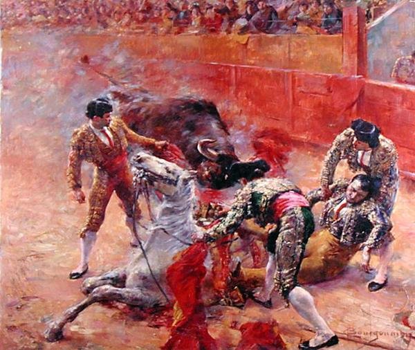 Picador som faller (olje på lerret) av Claude Charles Bourgonnier
