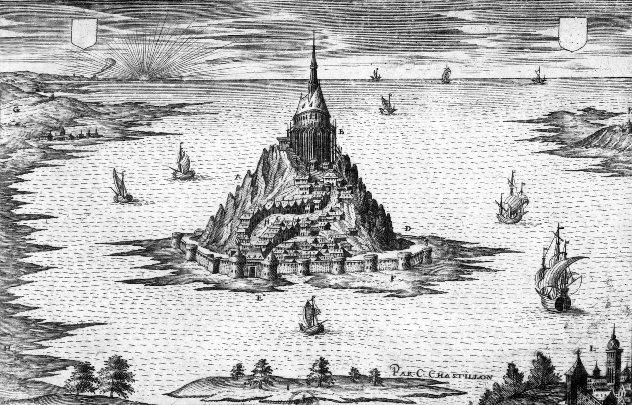 Mount Saint Michel i Normandie (Frankrike), gravering av Chastillon av Claude Chastillon