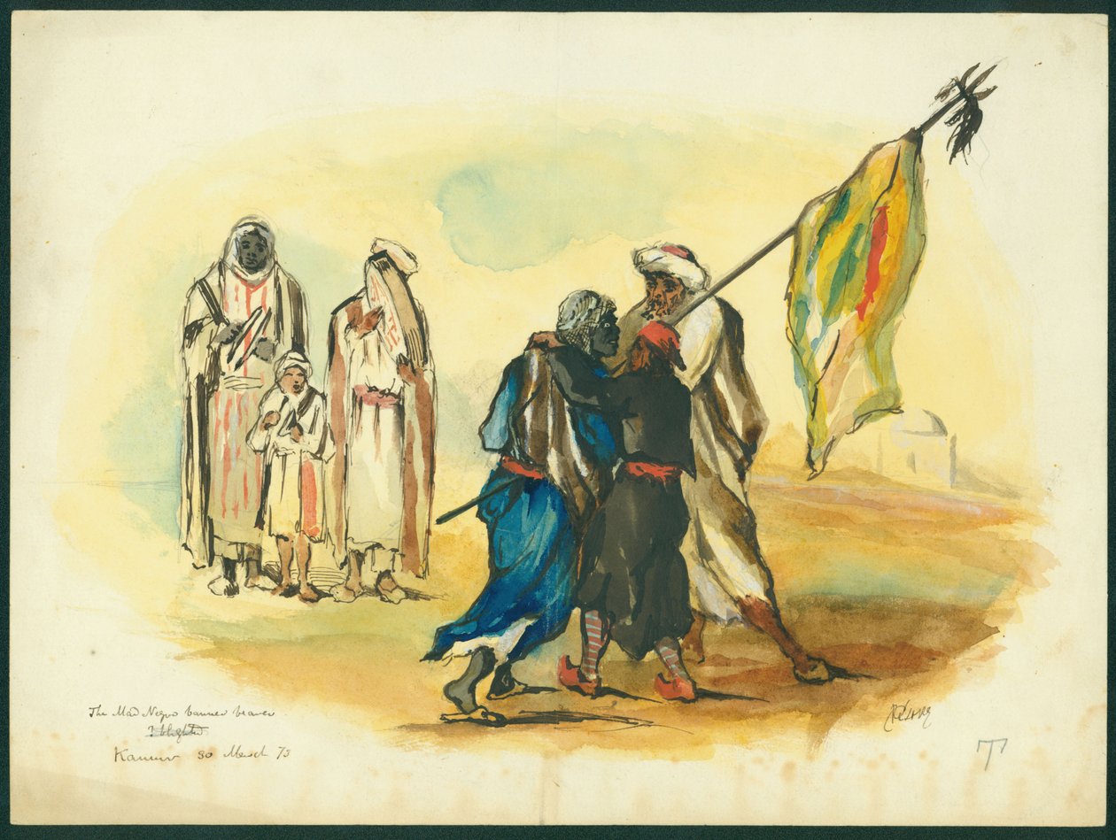 'The Mad Black banner bearer', Kaumur, 1873 (wc og blyant på papir) av Claude Conder