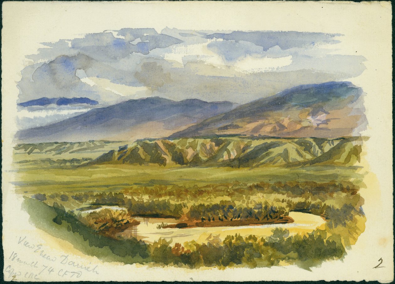 Utsikt nær Damieh, Jordan Valley, 1874 (wc og blyant på papir) av Claude Conder