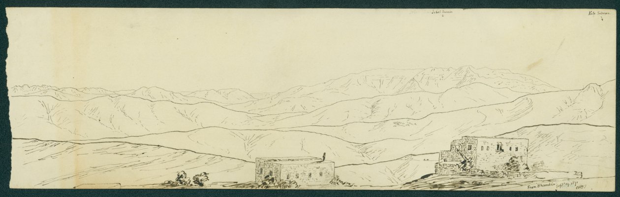 Utsikt over Jebel Sunnin og Kefr Silwan fra B'kamdun, 1871 av Claude Conder