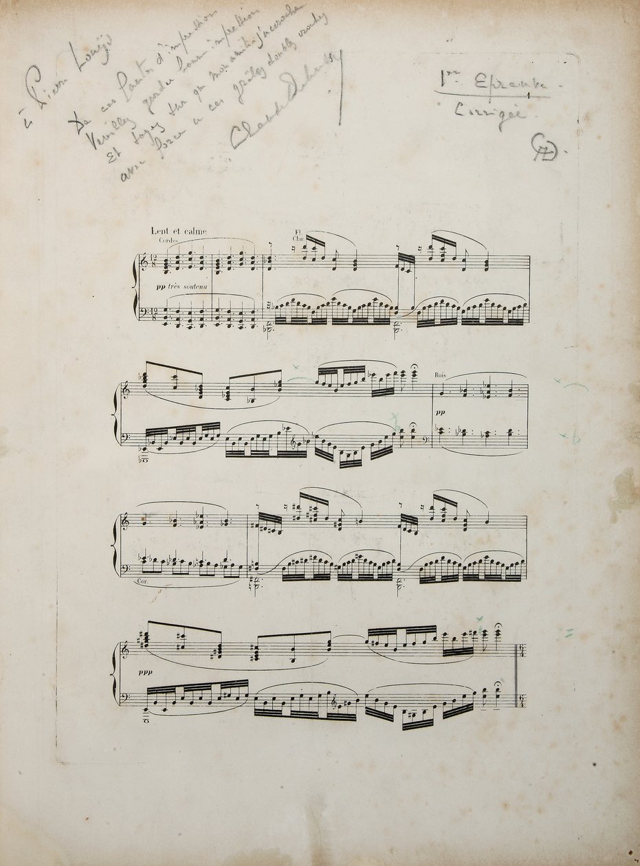 Side fra det første korrigerte beviset på "La damoiselle elue", ca. 1887-88 av Claude Debussy