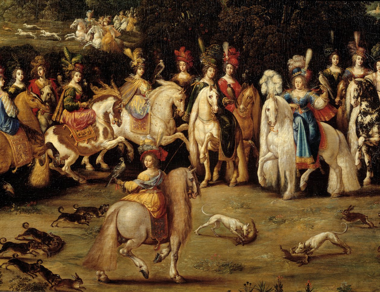 De fire elementene. Luftdetalj: Ecuyere jaktfalk. Maleri av Claude Deruet (1588-1662) av Claude Deruet