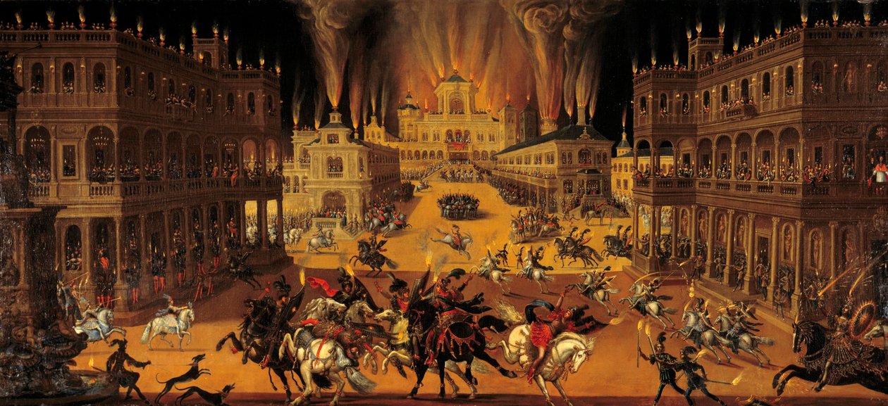 De fire elementene: ild. Utstillings- og hesteturnering på Louis XIIIs tid. Til høyre deltar kostymekongen i showet på hesteryggen, mens kardinal Richelieu observerer scenen fra en balkong. Maleri av Claude Deruet (1588-1662) 1640 O av Claude Deruet