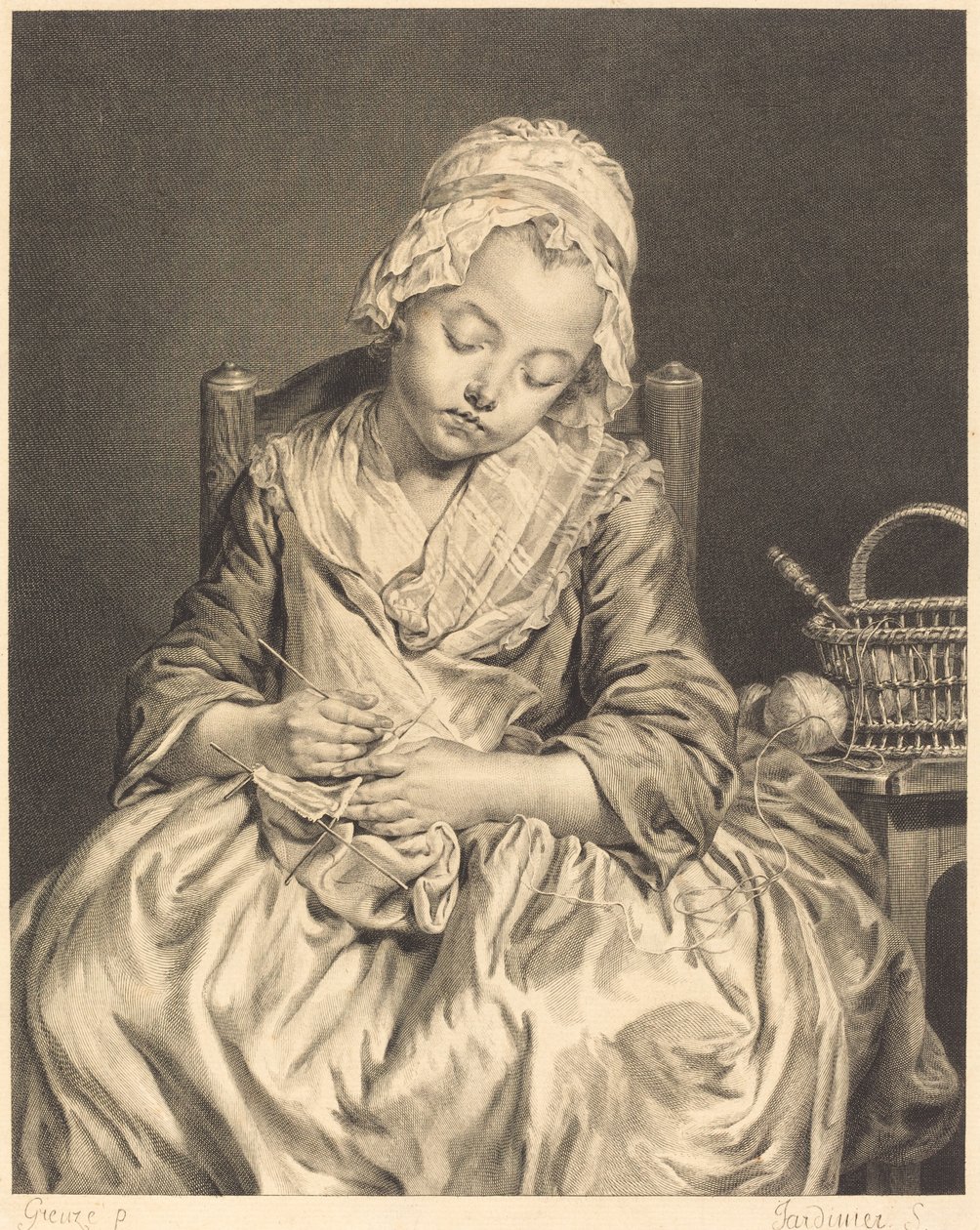 Den sovende strikkeren av Claude Donat Jardinier after Jean Baptiste Greuze