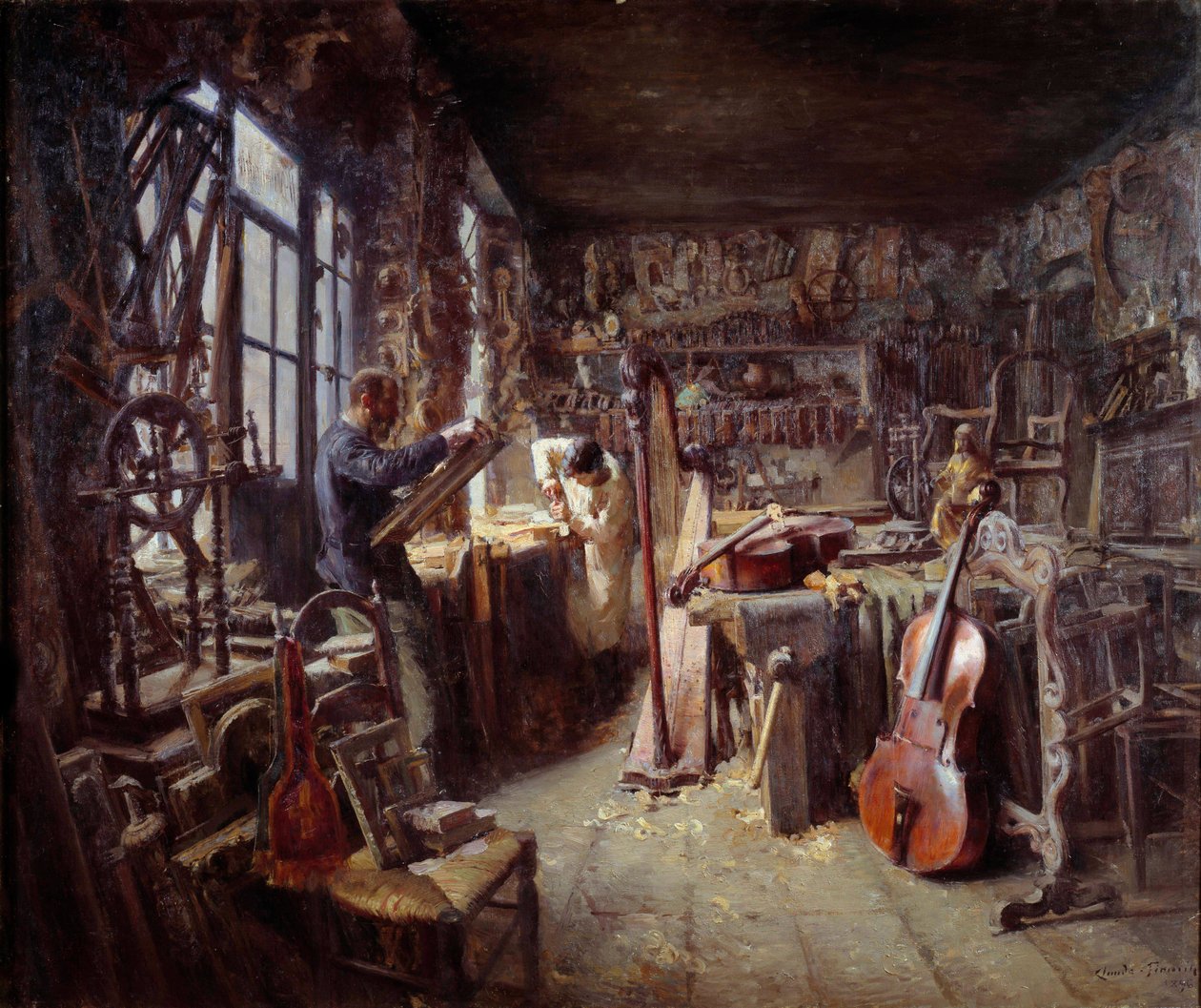 En restauratør i verkstedet sitt fullt av instrumenter. Maleri av Claude Firmin (1864-1944) 1896 Avignon musee Calvet Oppmerksomhet! Bruk av dette verket kan være underlagt en tredjeparts autorisasjonsforespørsel eller tilleggsgebyrer av Claude Firmin