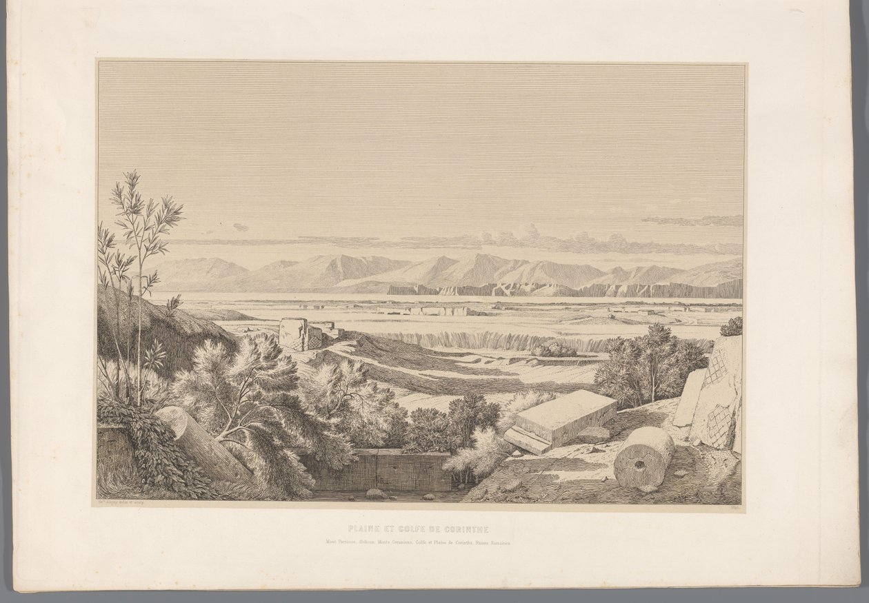 Landschap met zicht op ruiner av Korinth Plain og Gulf of Corinth (tittel på objekt) Utsikt over de mest kjente stedene i antikkens Hellas (...) (serietittel) av Claude Félix Théodore Caruelle d