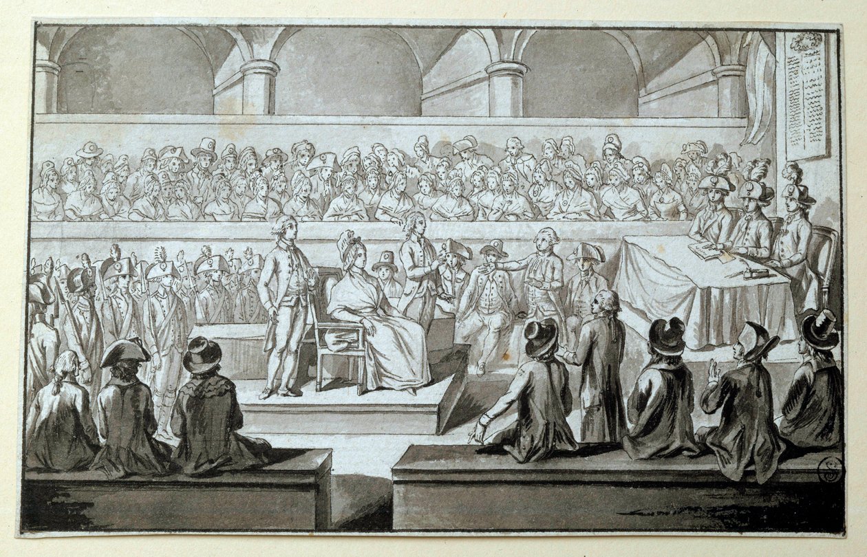 Dronning av Frankrike Marie Antoinette foran revolusjonsdomstolen: dager 14,15,16/10/1793 Advokaten som forsvarte seg i saken hans er Claude Francois Chauveau-Lagarde (1756-1841). Tegning med sort blekk Dim. 0,097x0,15 m. Paris, Louvre-museet av Claude Francois Chauveau Lagarde