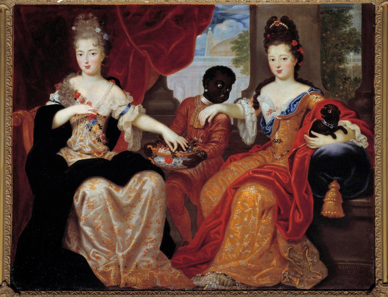 Portretter av Mademoiselle de Blois og Mademoiselle de Nantes servert av deres svarte tjener""". Mademoiselle de Blois (1677-1749), fremtidig kone til Louis de Bourbon, Mademoiselle de Nantes (1673-1743), fremtidig hertuginne av Orleans. Maleri av Claude F av Claude Francois Vignon