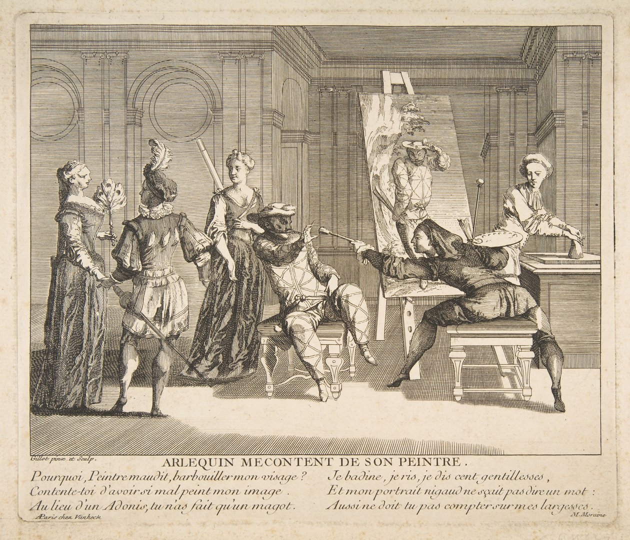 Harlekin misfornøyd med maleren sin.n.d. Skapere: Claude Gillot, Jacques Gabriel Huquier. av Claude Gillot, Jacques Gabriel Huquier