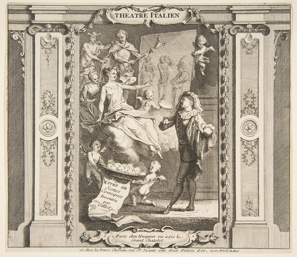 Frontispice til Theater Italien.n.d. Skapere: Claude Gillot, Jacques Gabriel Huquier. av Claude Gillot, Jacques Gabriel Huquier