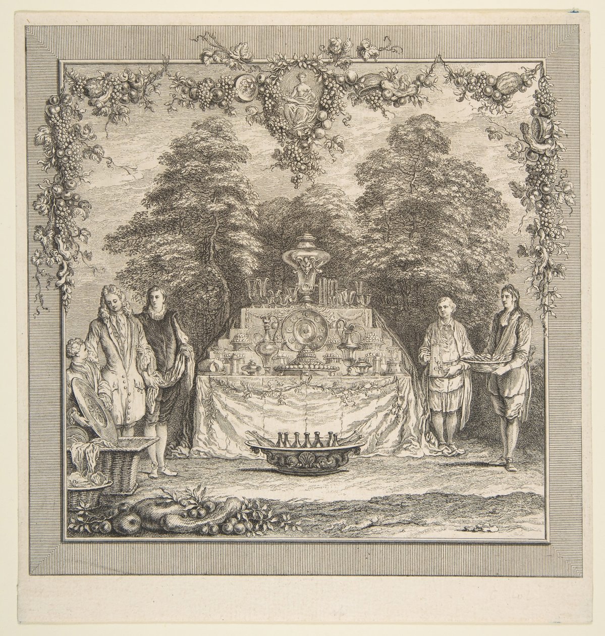 Snacket tilberedt i en hage.n.d. Skapere: Claude Gillot, Jacques Gabriel Huquier. av Claude Gillot, Jacques Gabriel Huquier