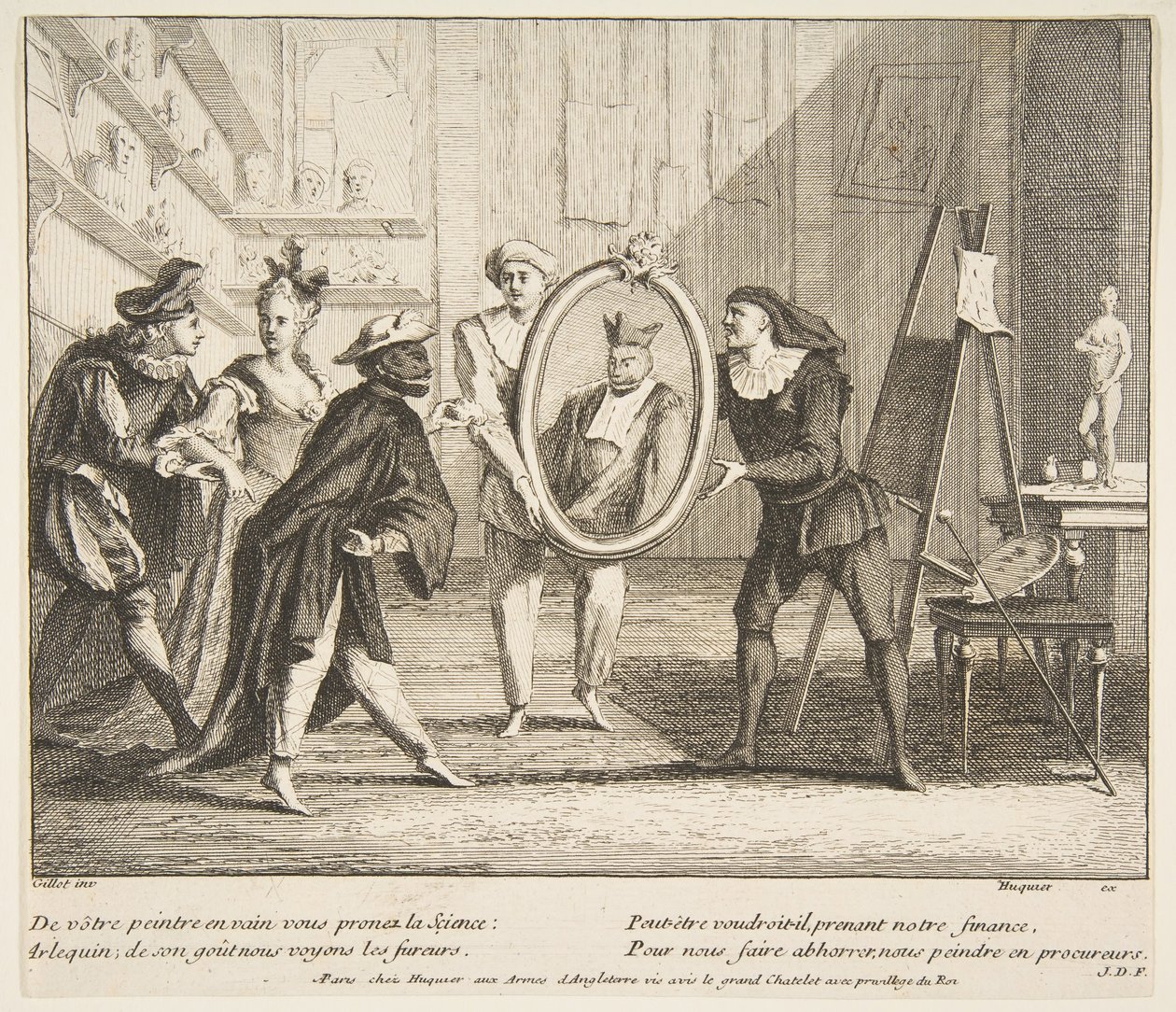 Pierrot og Scaramouche viser portrettet av Harlequin.n.d. Skapere: Claude Gillot, Jacques Gabriel Huquier. av Claude Gillot, Jacques Gabriel Huquier