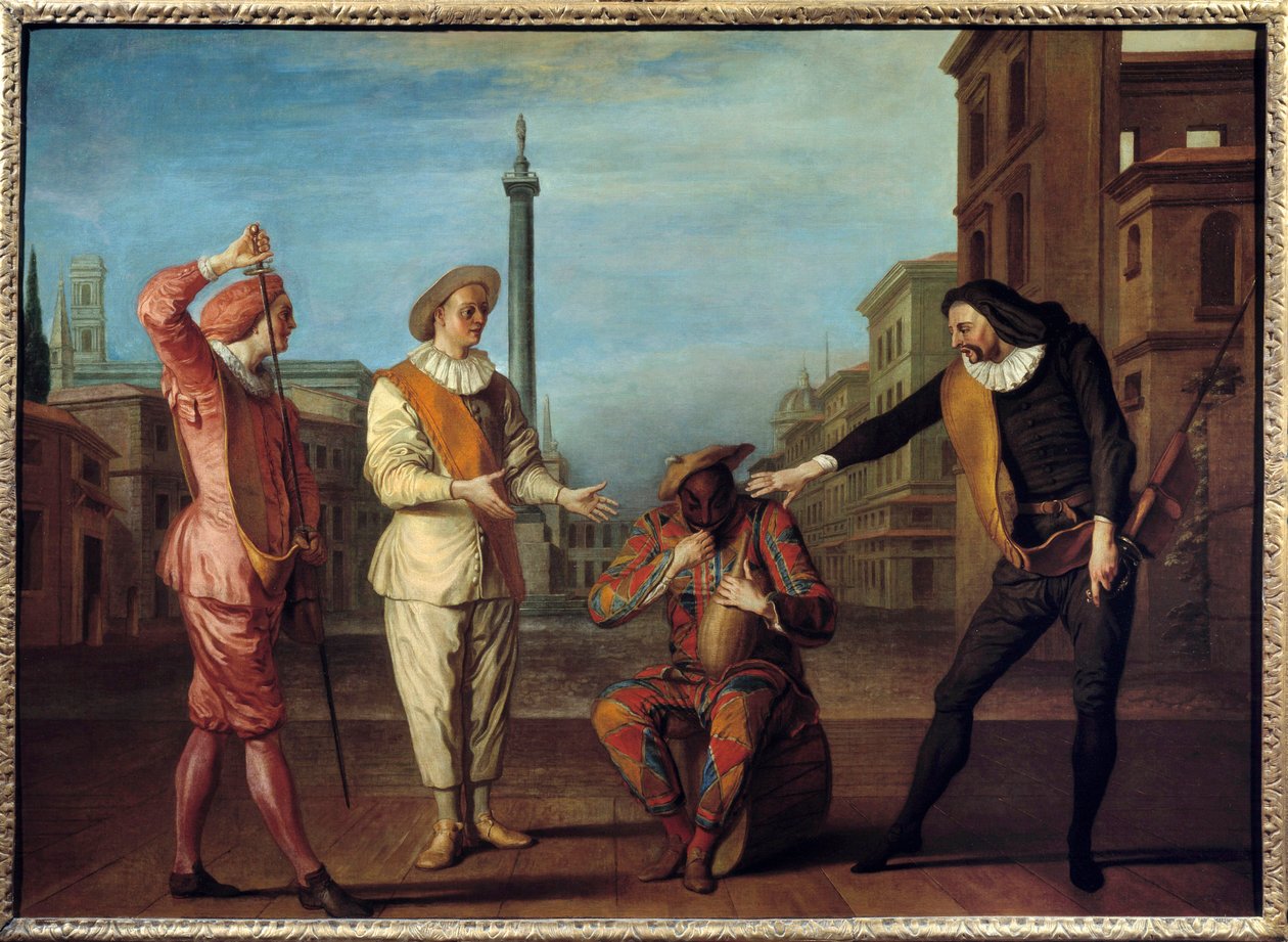 Comedia dell'Arte: "" Graven til Mester Andre""" Illustrasjon av komedien til Brugiere de Barante inspirert av fabelen "L'oyre et les deux litideurs"" av Jean de la Fontaine. Mezzetin og Scaramouche kjemper o av Claude Gillot