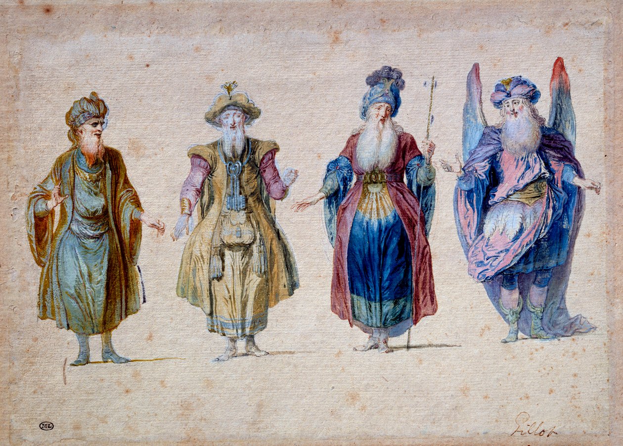 Fire prester av teater Aquarelle av Claude Gillot (1673-1722) Paris, Musee du Louvre av Claude Gillot