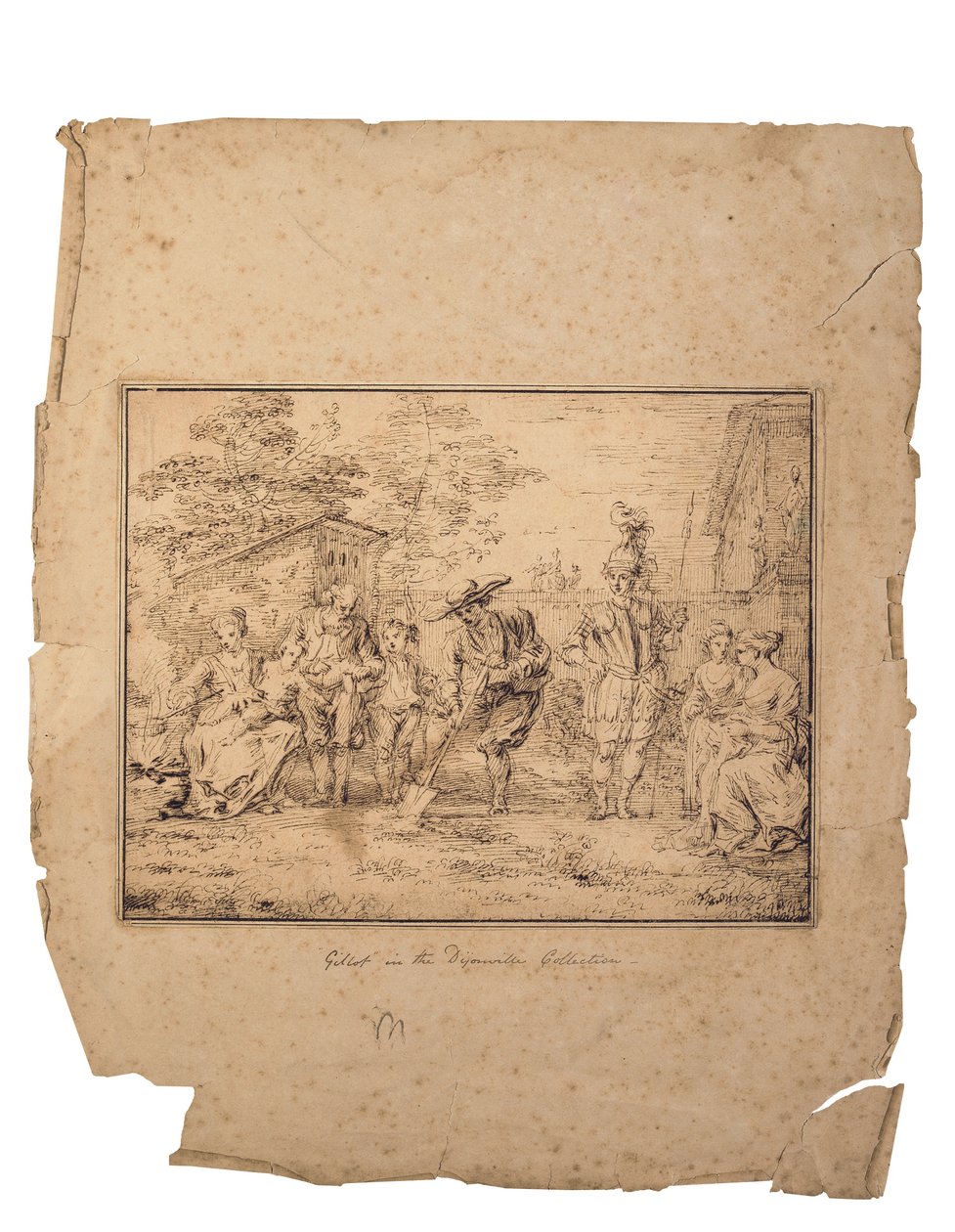 Les quatre âges de la vie: Syv figurer i en hage, en graver med en spade (penn og brunt blekk) av Claude Gillot