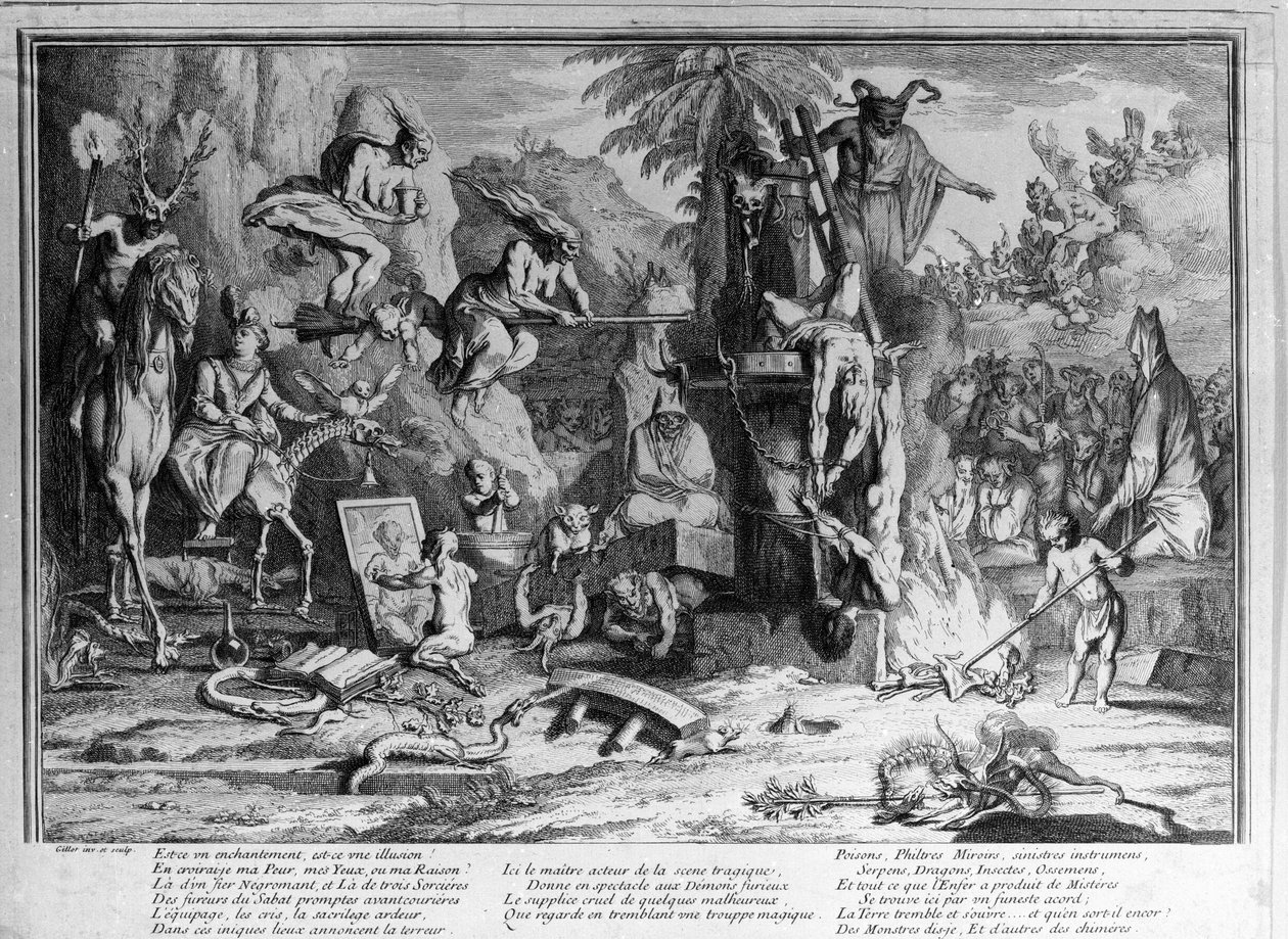 Sabbatsseremonier, demoner, hekser og monstrøse skapninger som danser. Gravering av Gillot av Claude Gillot
