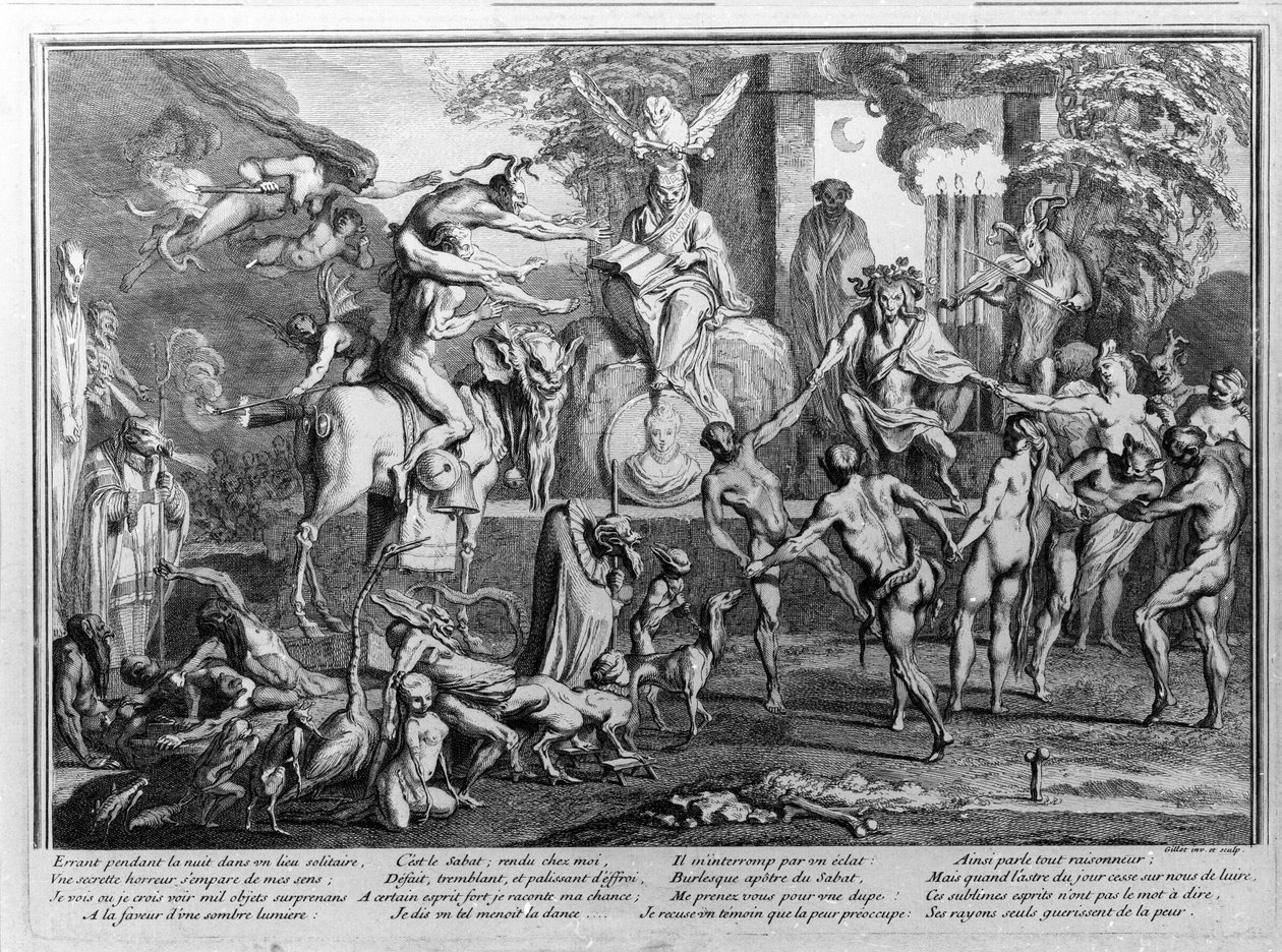 Sabbatsseremoni, demoner, hekser og monstrøse skapninger som danser. Gravering av Gillet av Claude Gillot