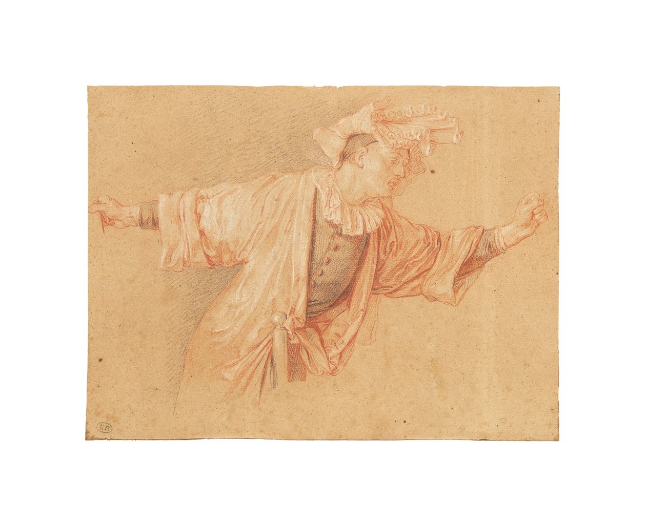Studie for Scaramouche, armene hans utstrakt, ca. 1707 (rød, svart og hvit kritt, på lys grått papir) av Claude Gillot