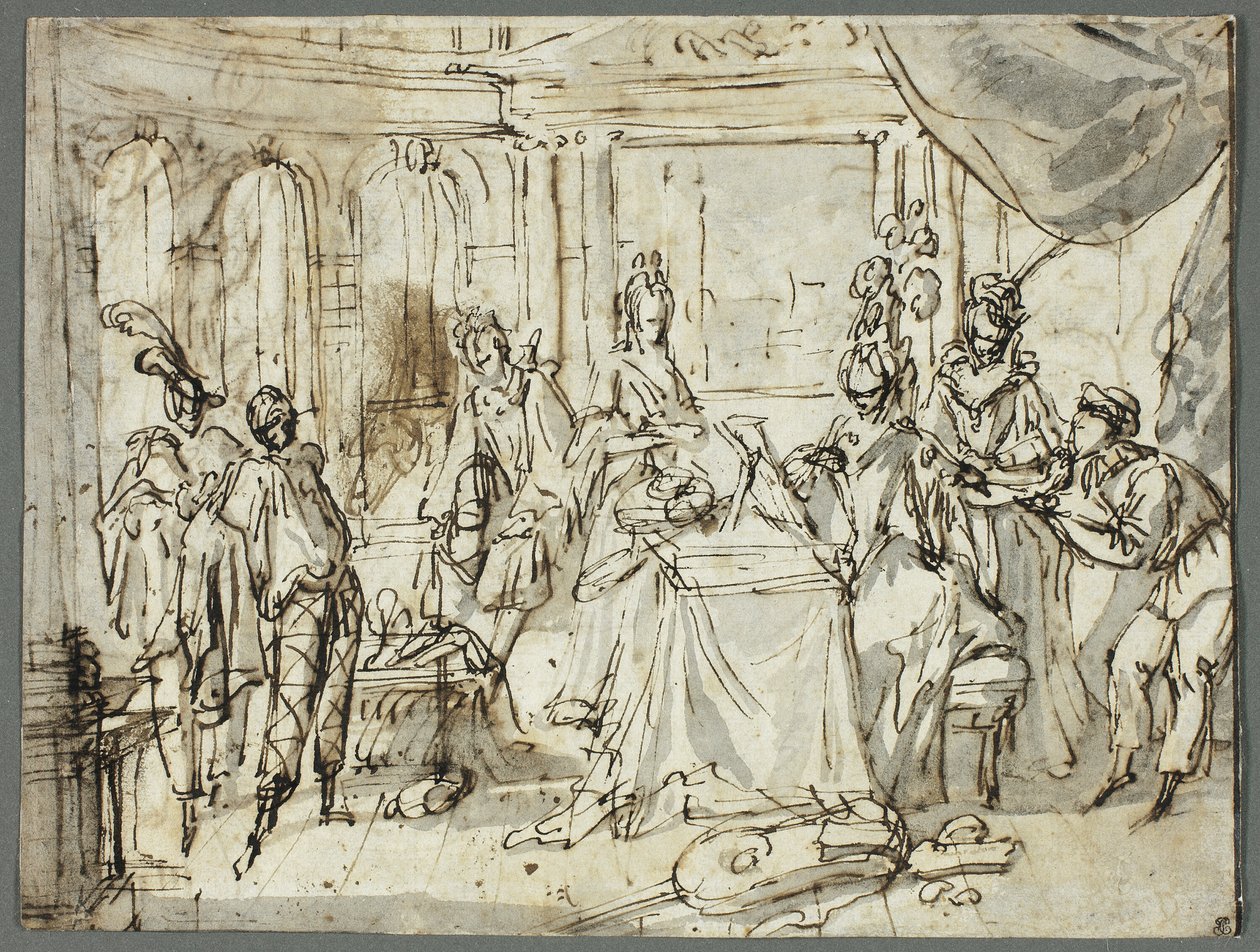 Skuespillerne gjør seg klare (recto); Studier av den hellige familie og døperen Johannes (verso) av Claude Gillot