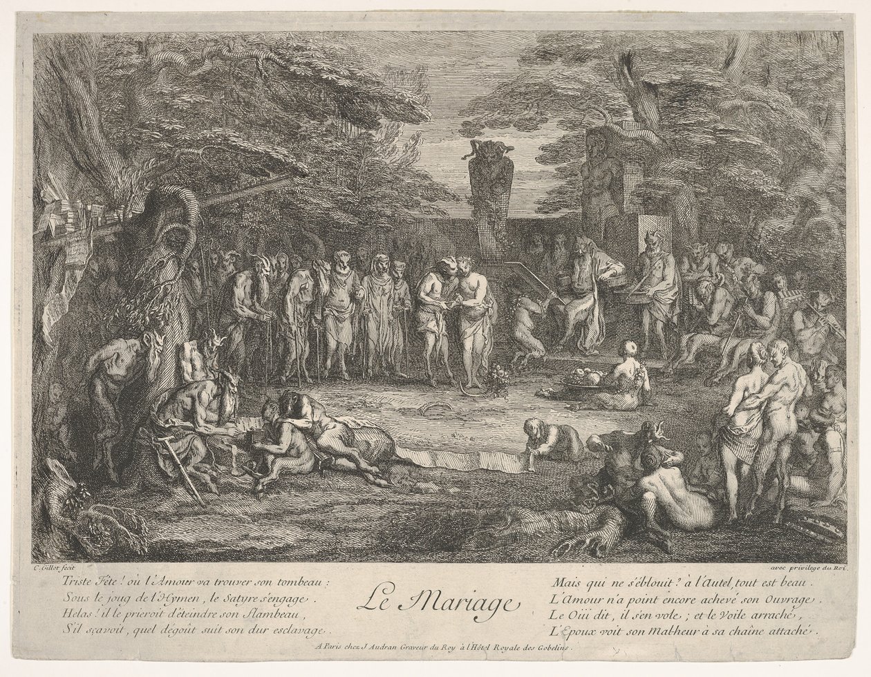 Ekteskapet Le Mariage: i en skog gifter en gammel satyr seg med den forlovede i cen..., ca. 1700-1720. av Claude Gillot