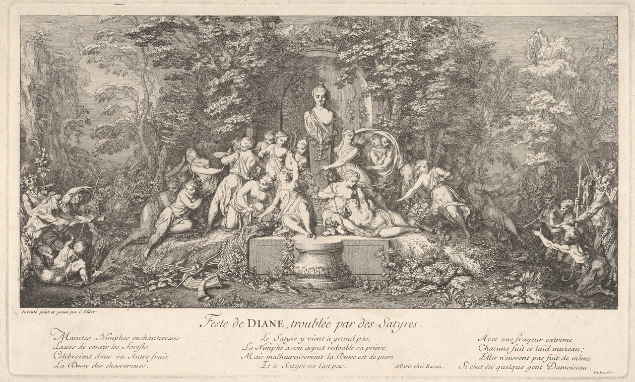 Dianafestivalen, avbrutt av satyrene Feste de Diana, perturbée par des Satyres..., ca. 1786. av Claude Gillot