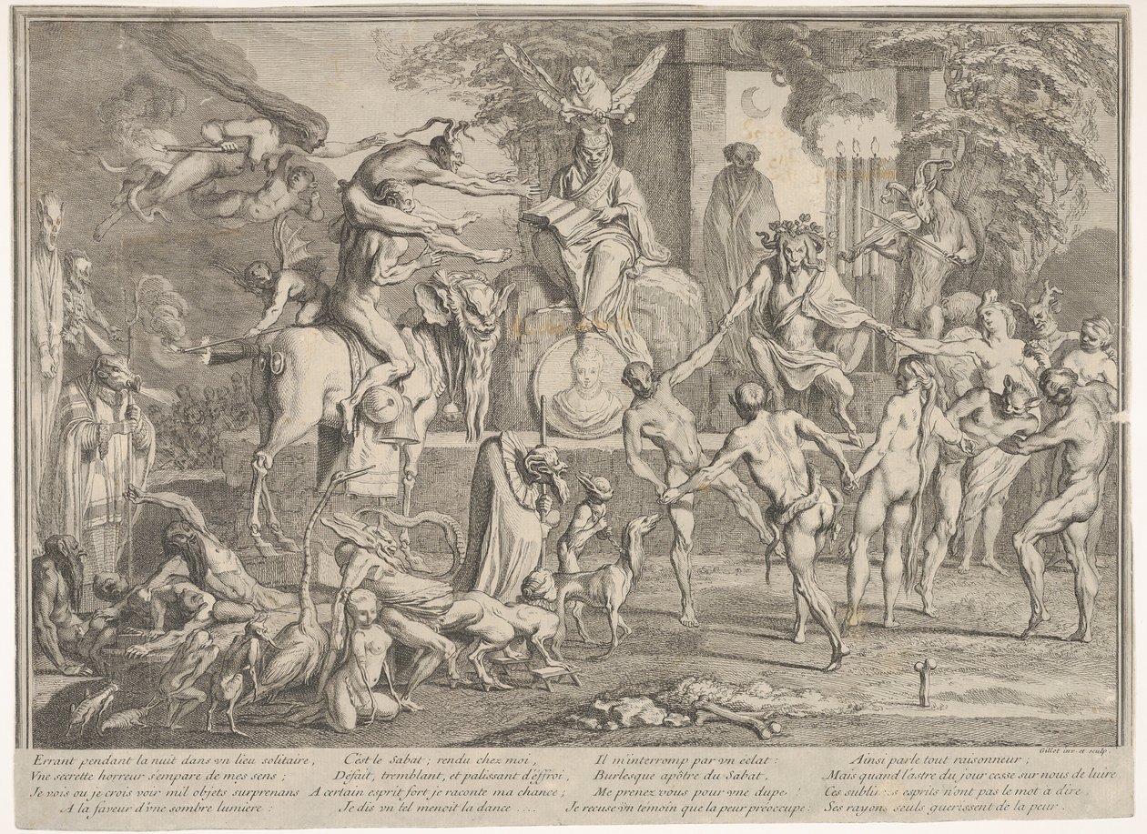 Witches Sabbath, i et nattlig landskap, en necromancer som sitter øverst i midten..., ca. 1700-1720. av Claude Gillot