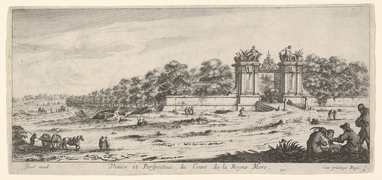 Utsikt over porten til dronningemorens residens, fra serien Views and new ..., ca. 1644. av Claude Goyrand