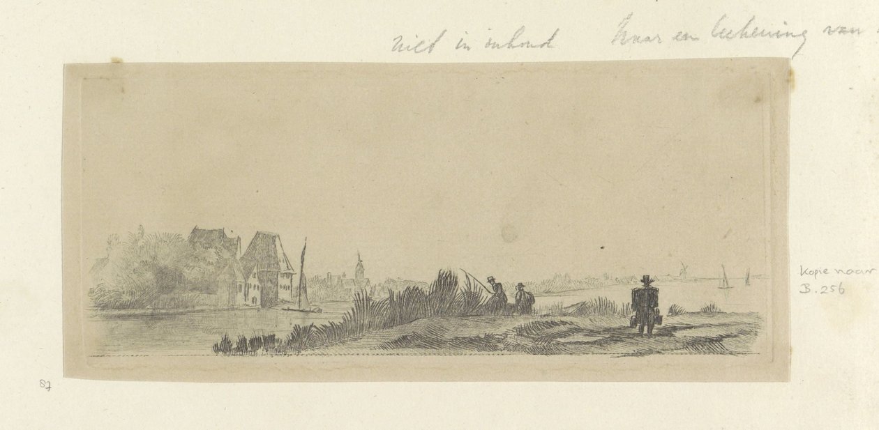 Landskap med kanal, sportsfiskere og melkemann Recueil de quatre-vingt-cinq estampes originales (serietittel) av Claude Henri Watelet (possibly)