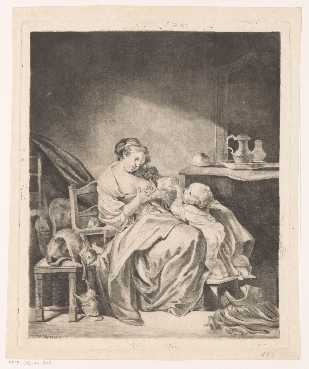 Interiør med en sittende kvinne som mater barnet sitt av Claude Henri Watelet