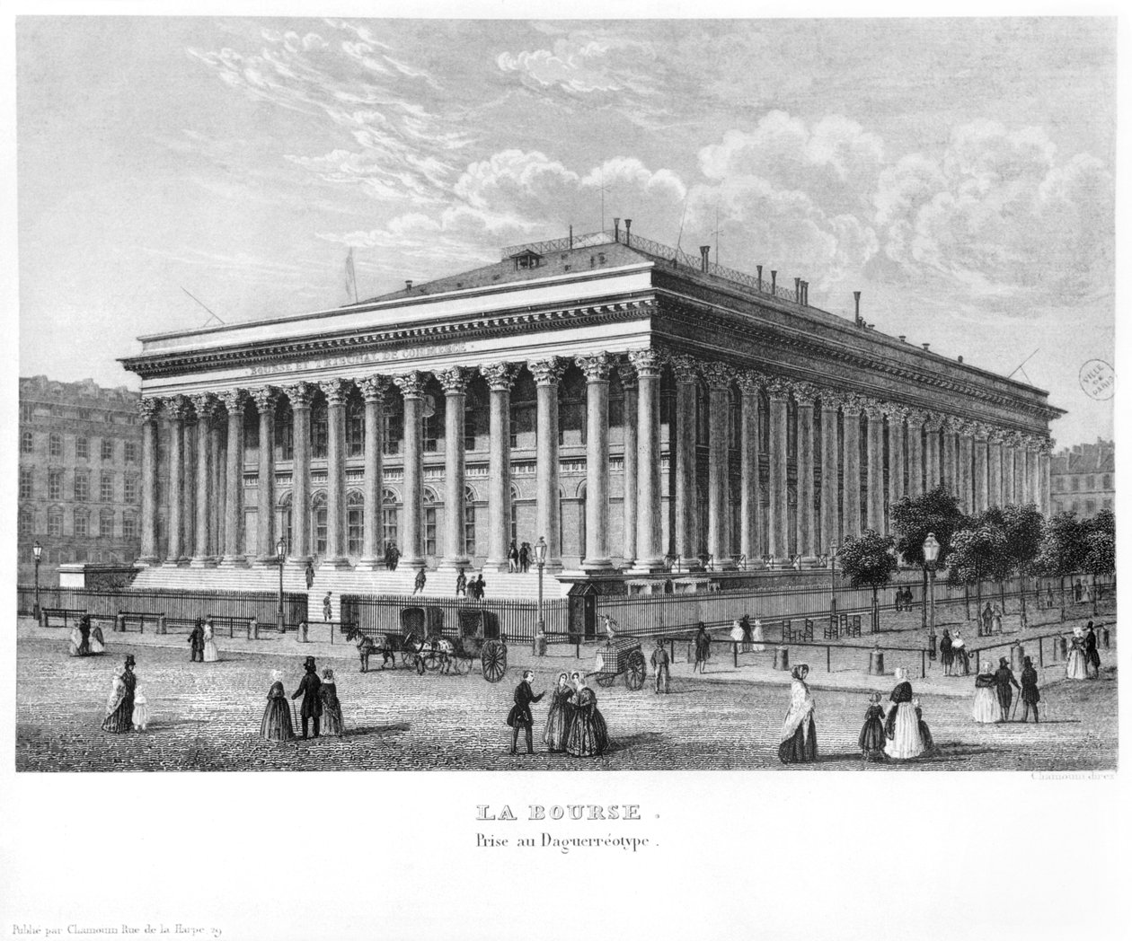 Børsen og handelsretten, Paris, etter en daguerreotypi, ca. 1840 av Claude Hilaire Alphonse Chamouin