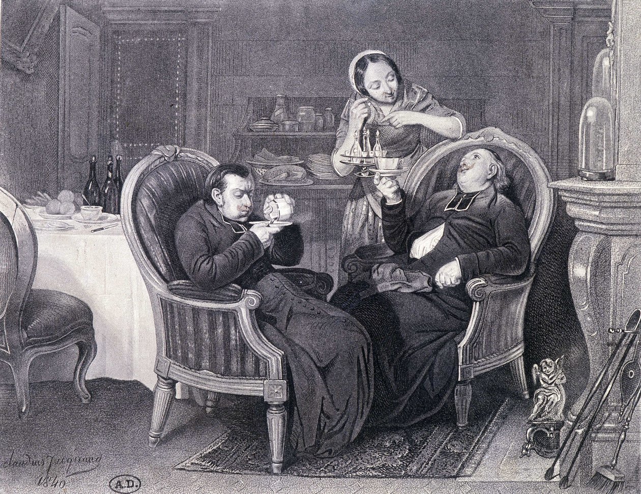 Etter middag: To prester tar kaffe og fordøyelse, servert av hushjelpen deres. av Claude Jacquand