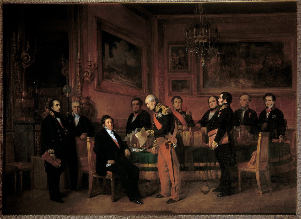 Ministerrådet ved Palais des Tuileries, Marechal Soult presenterer for Louis Philippe I (1773-1850) regentsloven 15. august av Claude Jacquand