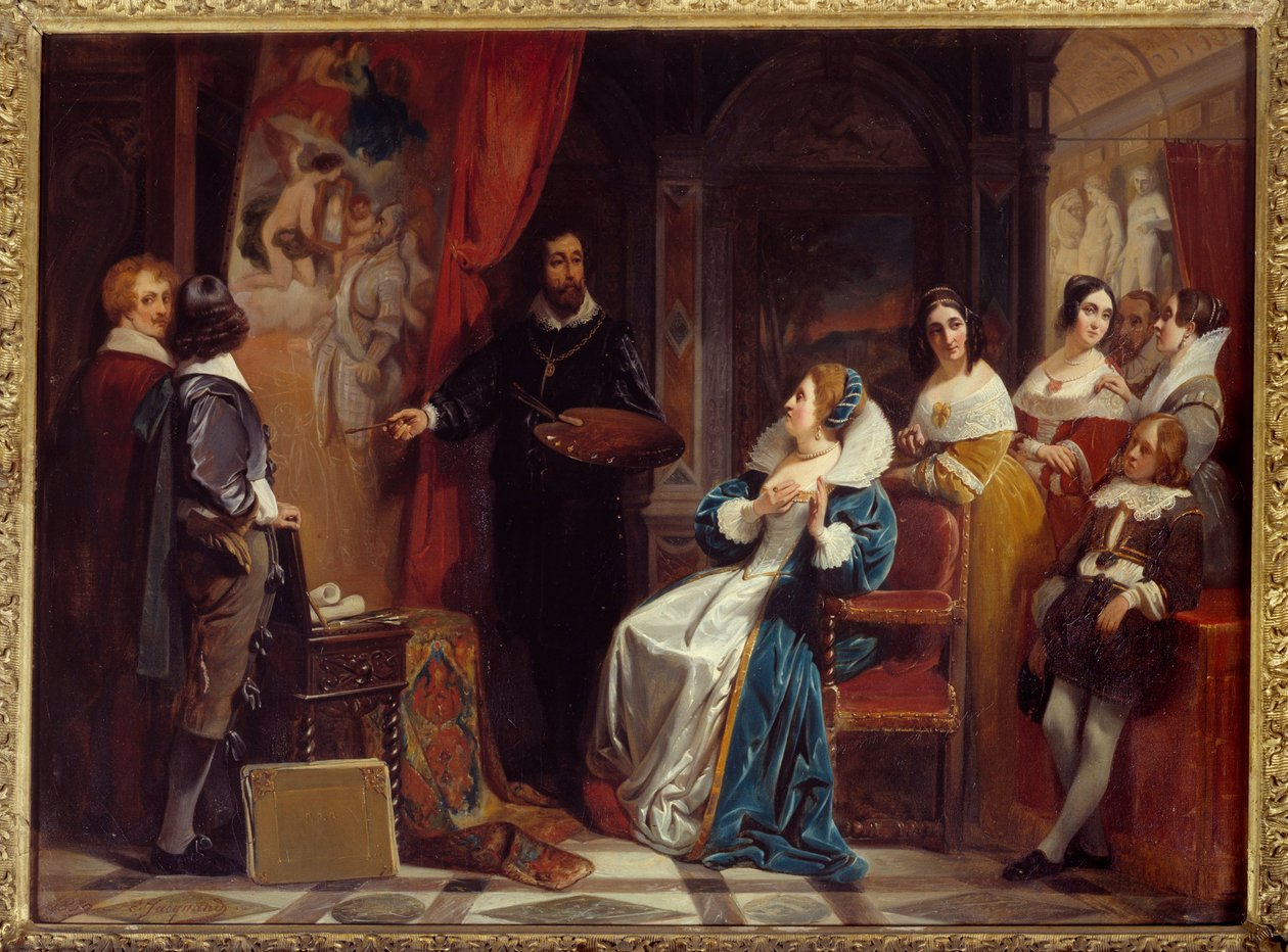 Dronning av Frankrike Marie de Medicis (1573-1642) på besøk i verkstedet til maleren Pierre Paul (Pierre-Paul) Rubens (eller Peter Paul eller Petrus Paulus) (1577-1640). Maleri av Claudius Jacquand (1804-1878) av Claude Jacquand