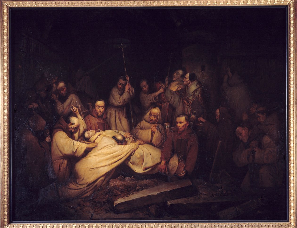 Greven av Comminges. Siste scene av minnesmerkene til greven av Comminges som representerer greven av Comminges som anerkjenner Adelaide etter hans død. Maleri etter romanen av Francois de Baculard d