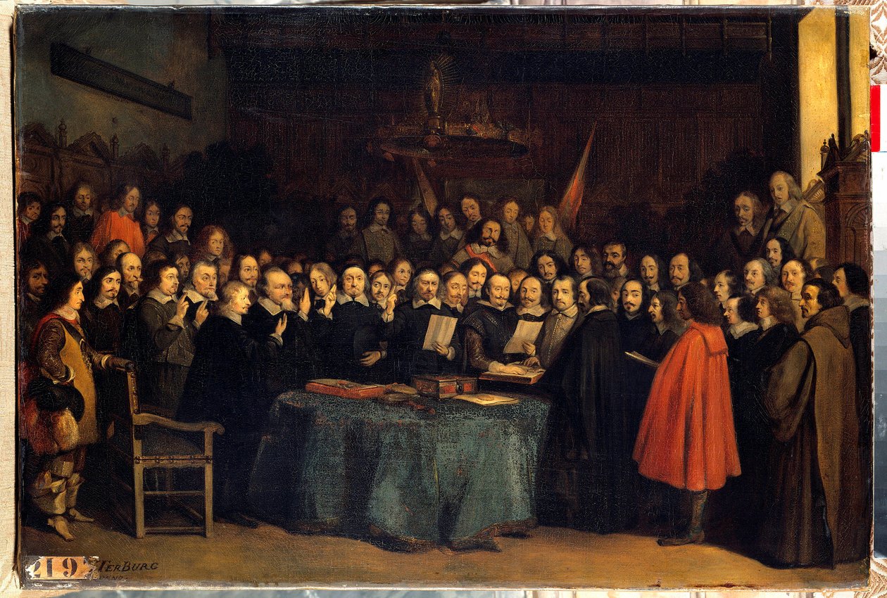 Freden i Westfalen, edsavleggelsen etter ratifiseringen av freden mellom spanjolene og Needlanders, ved rådhuset i Munster 15.05.1648. De avsluttet trettiårskrigen. Maleri av Claudius Jacquand av Claude Jacquand